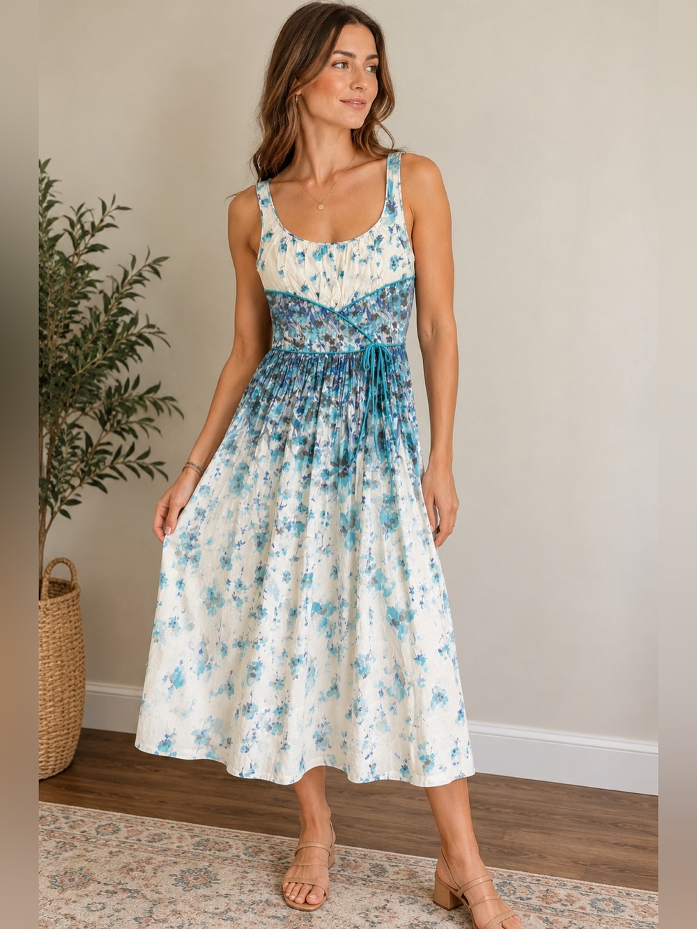 Vintage 1950s Blue Floral Sleeveless Midi Dress with Bustier